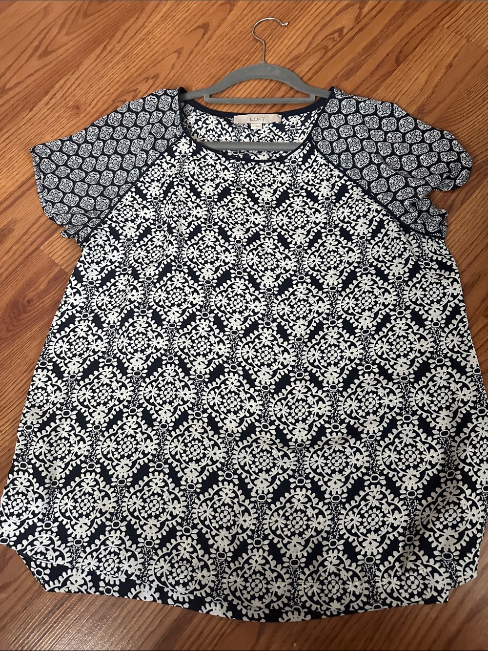 LOFT Navy and White Mixed-Print Short Sleeve Tunic